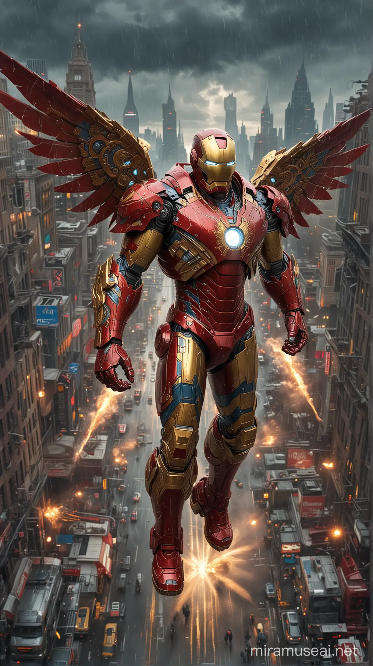 Steampunk Iron Man Soaring Over Cityscape with Flaming Wings and Glowing Sword