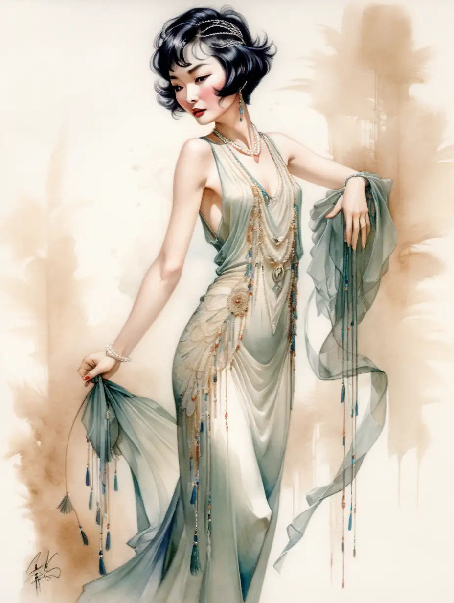920s flapper Maggie Cheung, full length body, in the style of Harrison Fisher, Watercolor, trending on artstation, sharp focus, studio photo, intricate details, highly detailed, by greg rutkowski, Watercolor, trending on artstation, sharp focus, studio photo, intricate details, highly detailed, by greg rutkowski