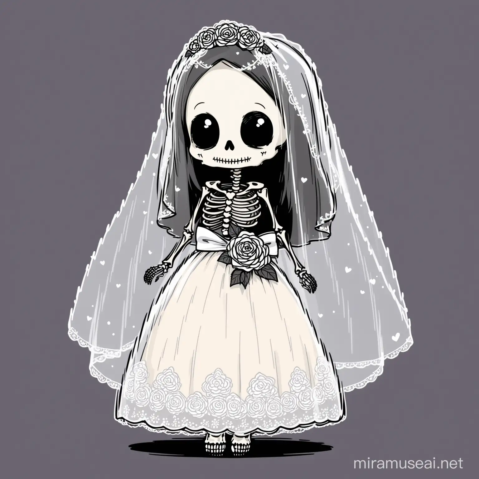 Adorable Skeleton Bride in Wedding Veil Drawing