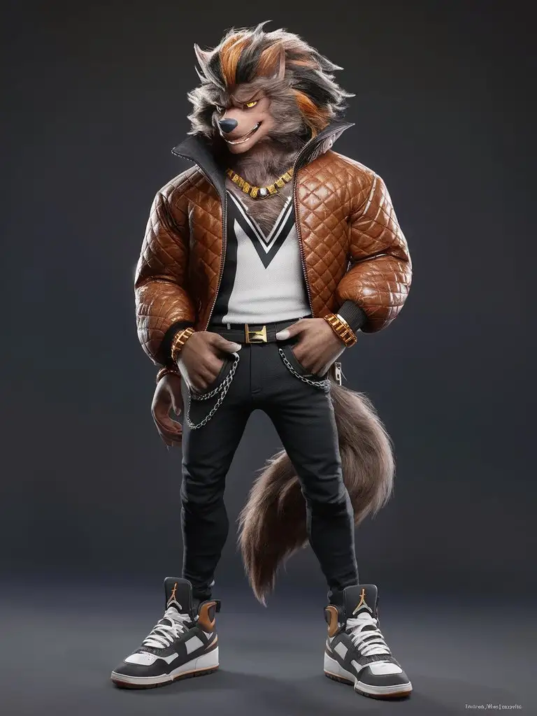 extra-tall anthropomorphic teenage-20s masculine werewolf, wild brown taupe fur, amber dyed streaks in mane, amber black high-fashion quilted leather jacket, white black vneck tshirt jersey, black slim jeans with chains, amber white black 1980s reebok jordan high-top sneakers, gold citrine topaz necklace accessories, animation videogame character fullbody reference sheet