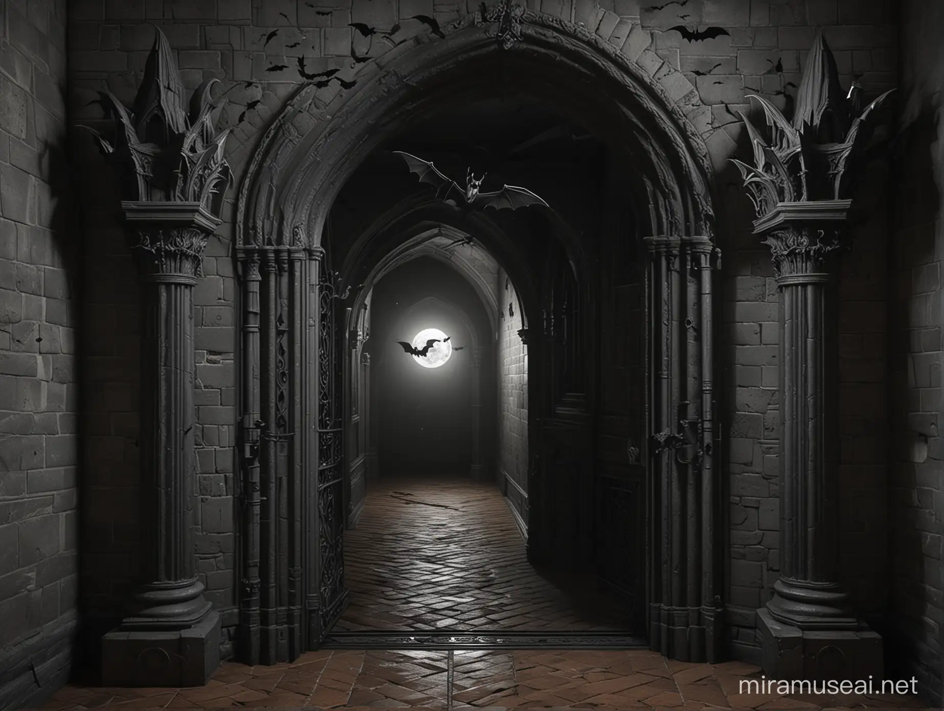 Endless Gothic Castle Doorway at Night with Bats
