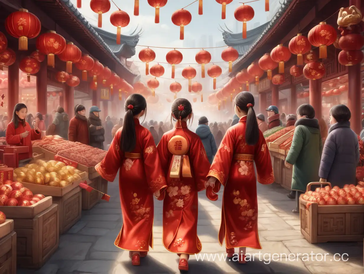 two ancient chinese girls walk through the market to celebrate chinese new year in full size view from afar