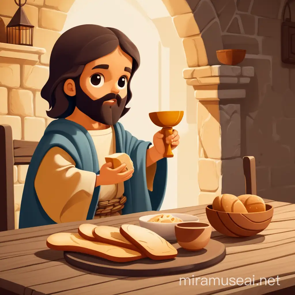 Serious Jesus Eating Dinner with Bread and Cup in Jerusalem House