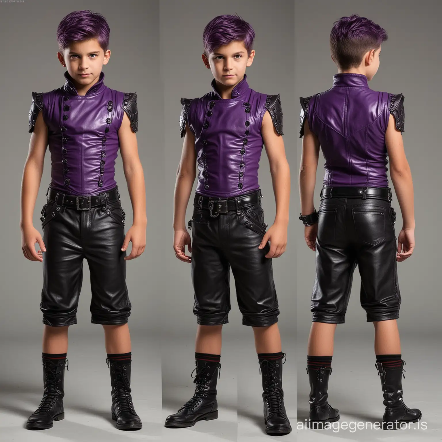 Create a villain outfit for a strong 8 year old boy villain with abs, cool,  wicked, leather,  shorts,  comfortable yet intimidating, various shades of purple with hints of both red, and green
