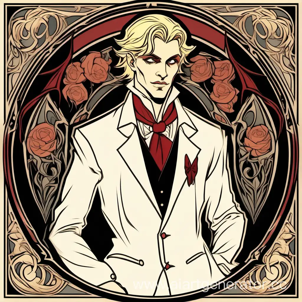 Handsome, tall young blonde vampire show host in the style of Alfonse Mucha