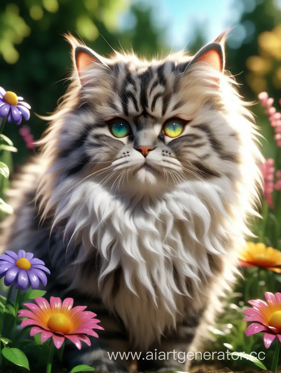 Extremely fluffy cute cat, in garden, 4k, hyper realistic, colorful, high detail