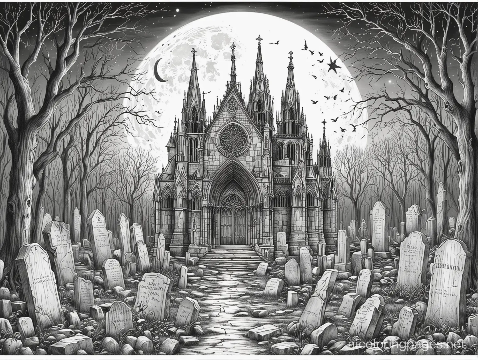 gothic cathedral creepy gravestones graveyard trees moon front view, Coloring Page, black and white, line art, white background, Simplicity, Ample White Space. The background of the coloring page is plain white to make it easy for young children to color within the lines. The outlines of all the subjects are easy to distinguish, making it simple for kids to color without too much difficulty