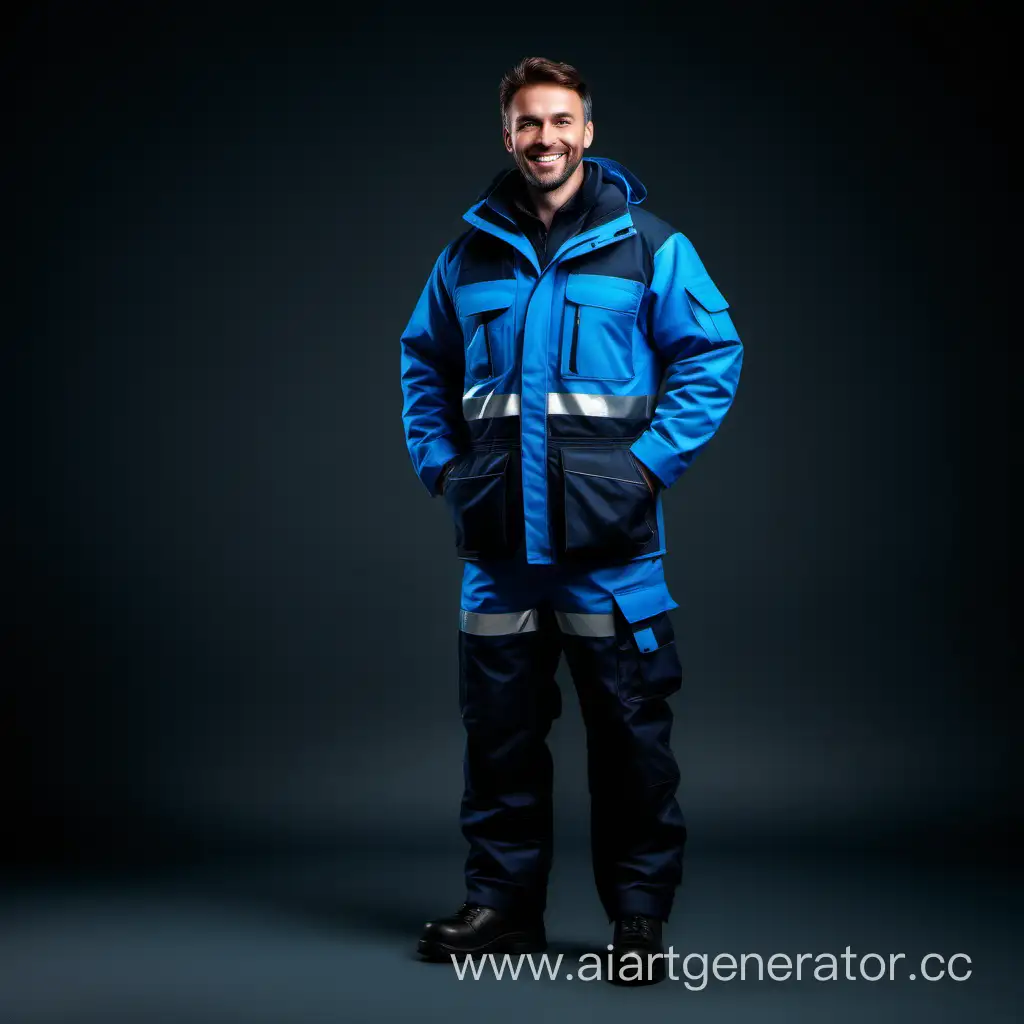 Beautiful insulated workwear, man, smile, black and blue, 8k quality, front view, full length, dramatic light.