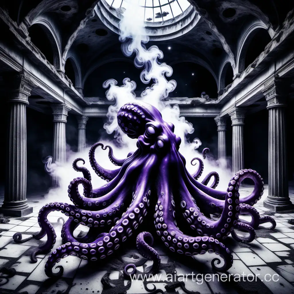 огромный тмено-фиолетовый осьминог сидит внутри черно-белой слегка разрушенной античной террасы. Внутри террасы на пол дым. Осьминог испускает чернила в виде галактик и созвездий