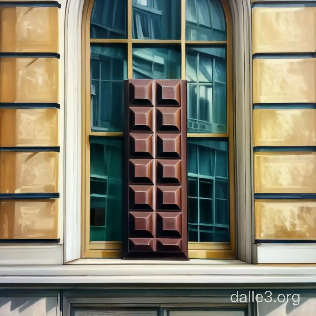 фотореализм, вид с наружи здания на окно, в окне стоит плитка большая шоколада закрывающая всё окно