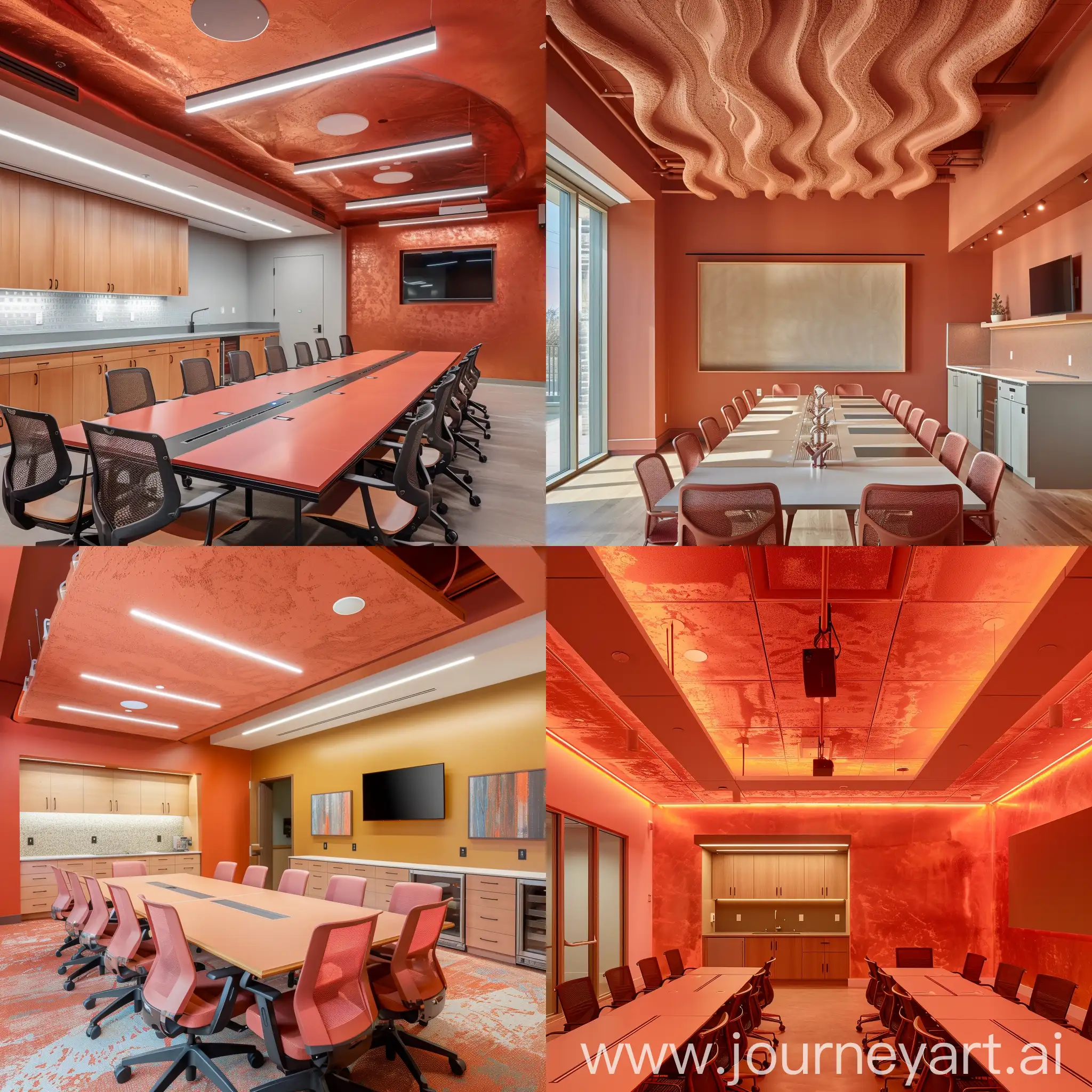 boardroom with a light red terracota color scheme, a clay plaster ceiling in the space, flexible seating configuration, teaching wall and a kitchenette.