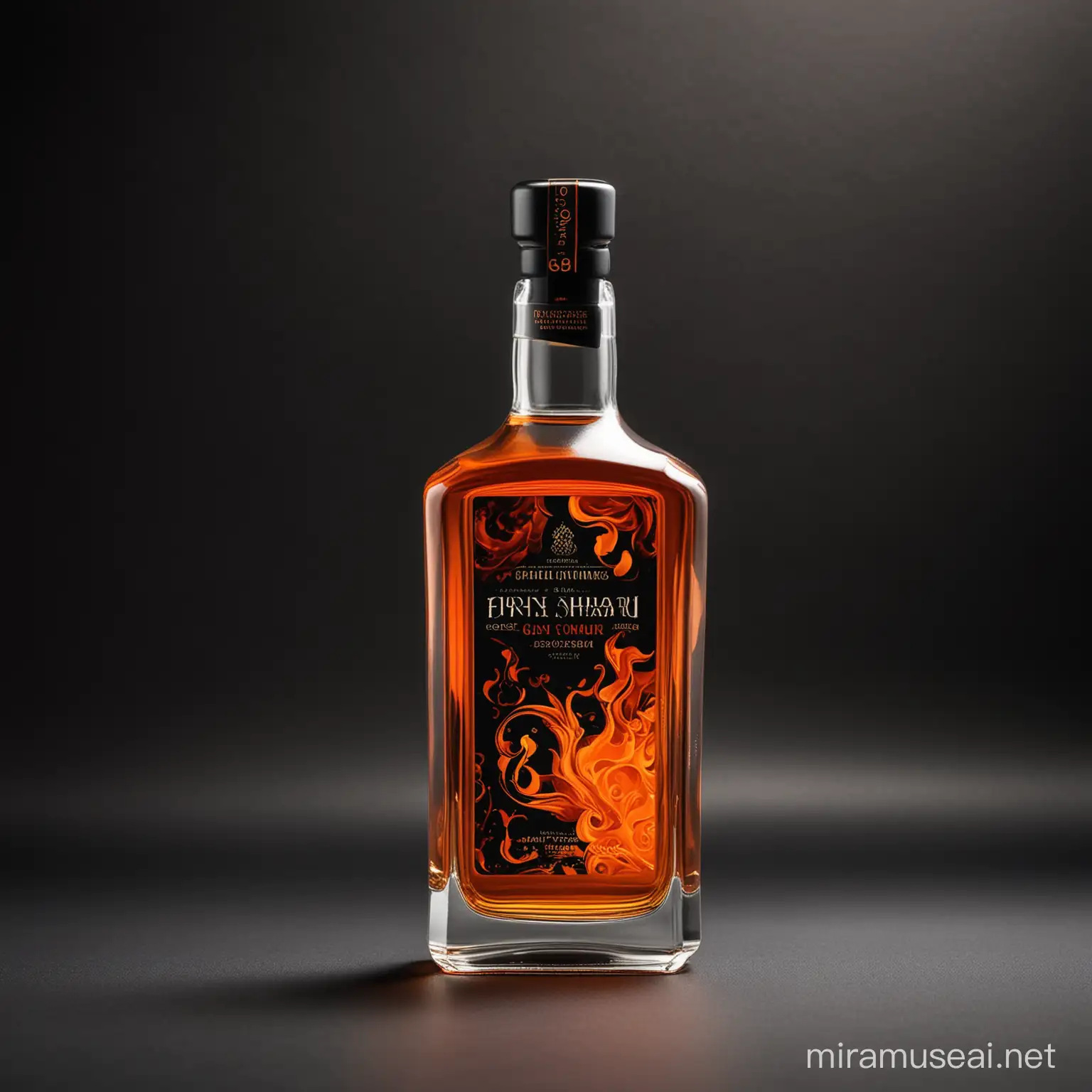 Modern party liquor packaging design, high end liquor, 500 ml glass bottle, photograph images, high details, flame orange and black texture, brand name is Octano,  label flame shape