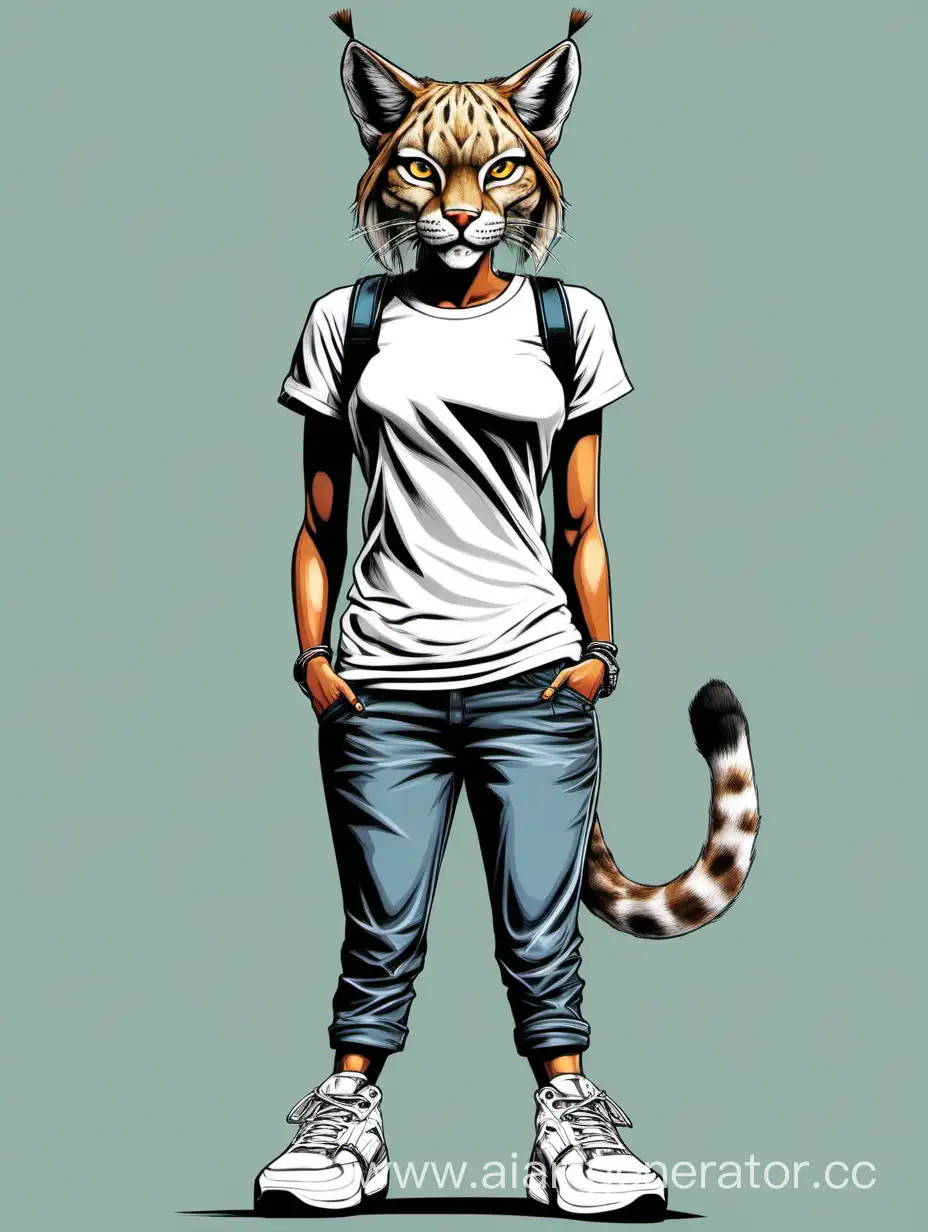 Anthropomorphic-Female-Lynx-Standing-Tall-in-Sneakers-and-White-TShirt