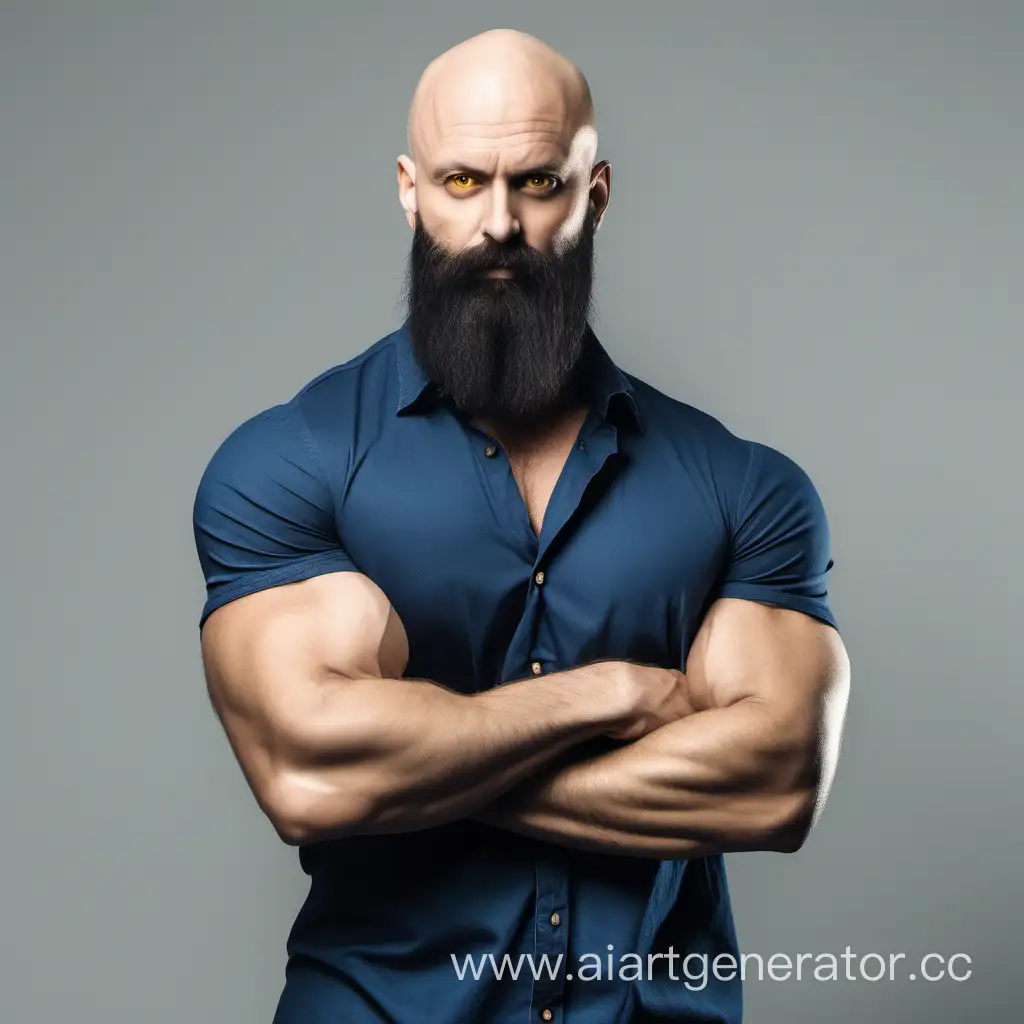 Bald-Muscular-Man-with-Intense-Gaze-in-Blue-Shirt-and-Black-Jeans