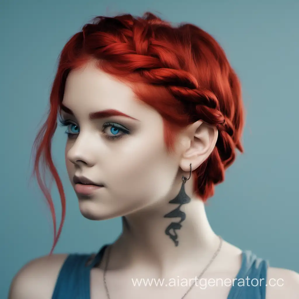 девушка с короткими яско-красными волосами,  поворот головы в три четверти, косичка, синие глаза, пирсинг брови