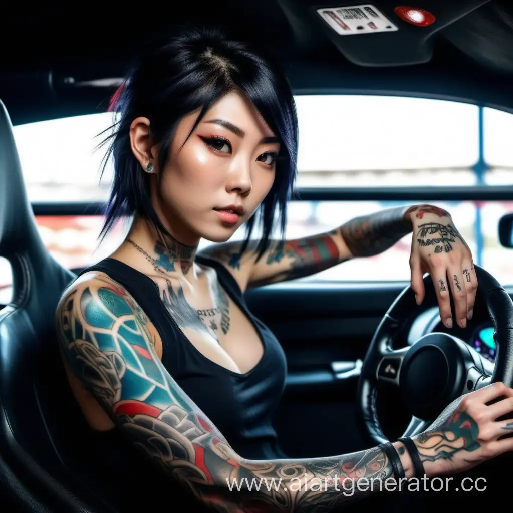 сгенерируй  красивую японку в татуировках в гоночной машине за рулем 
