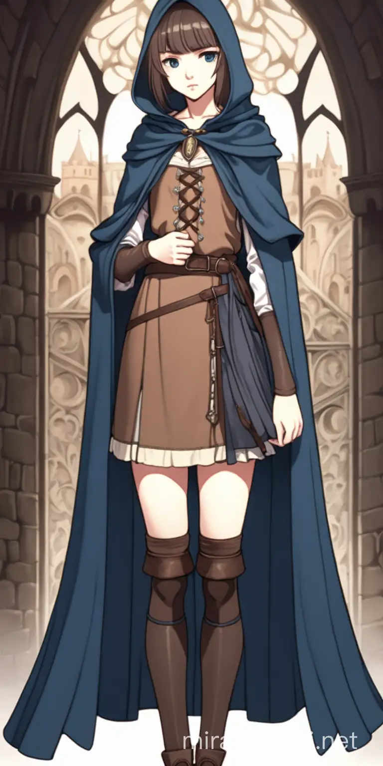 medieval woman wearing cloak and short skirt. anime style