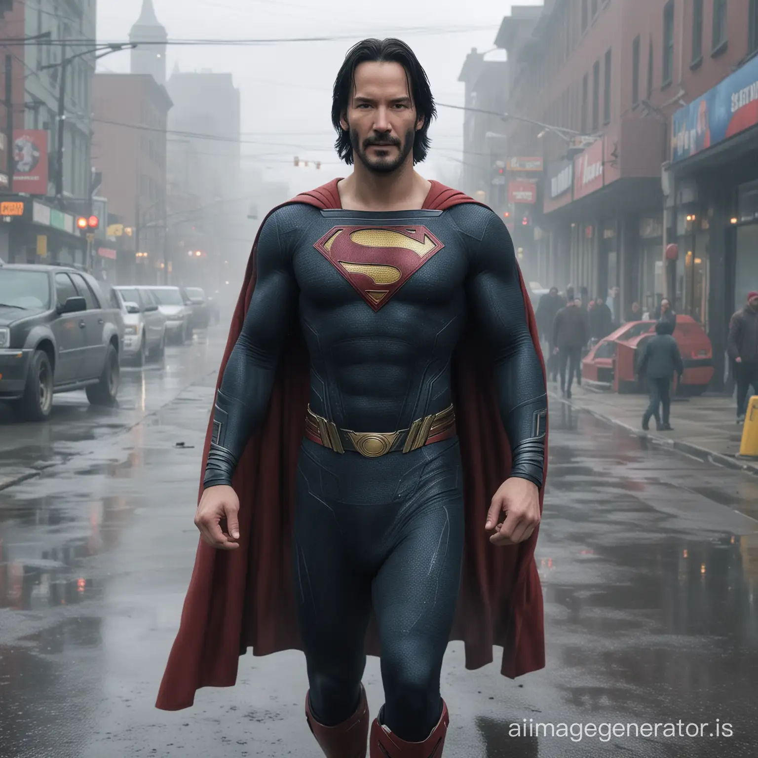 Keanu in Superman suit, smile in camera, No Mask, semi full body, photorealistic, 16k photography, in foggy Canada street as background.