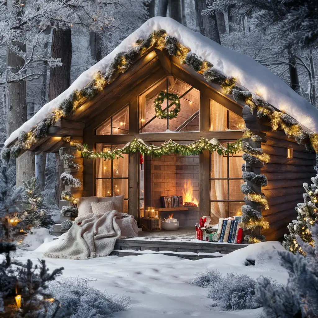 Peaceful cabin in the woods during winter, with snow-covered trees and a cozy fireplace.
