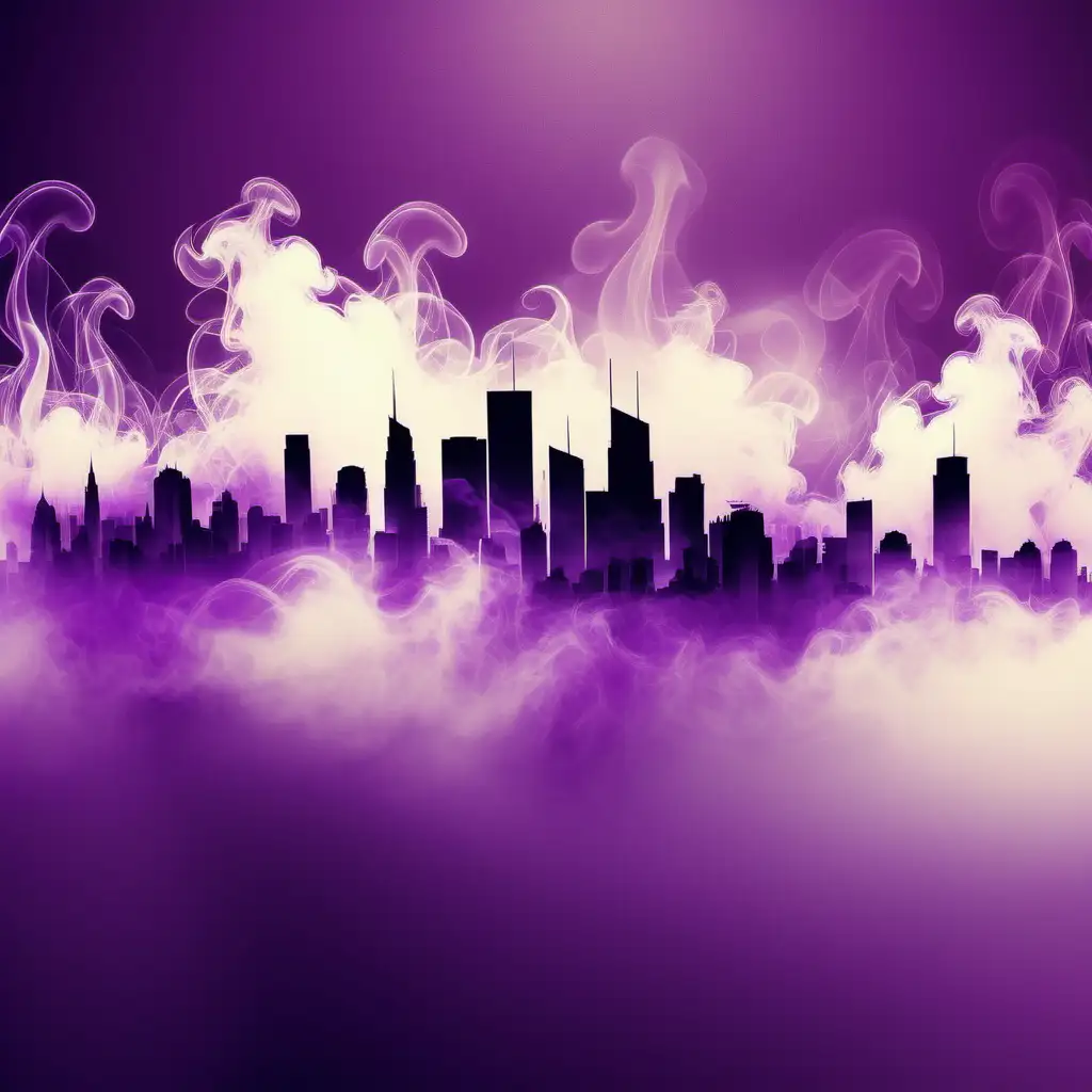 purple colored smoke abstract background with city view faded in