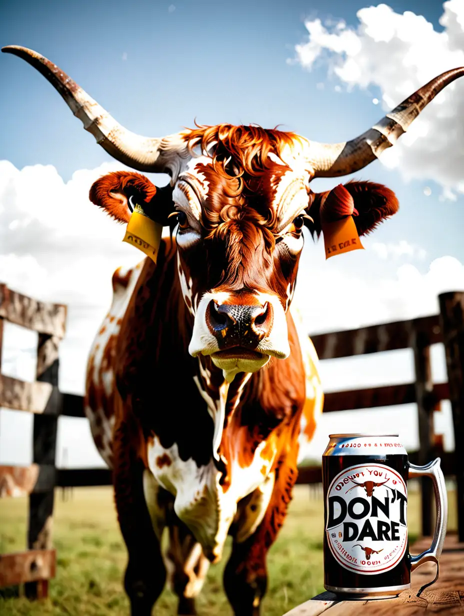 Texas Longhorn Steer Enjoying a Refreshing Beer with a Defiant Expression