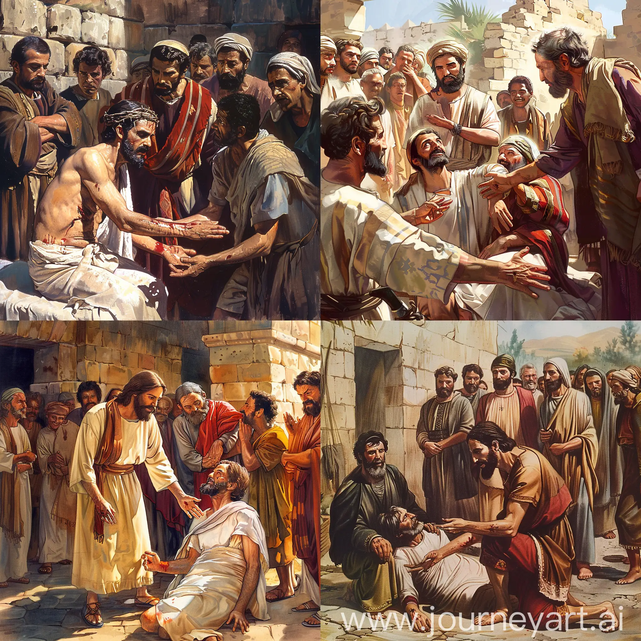 A picture of Jesus from the year 10, healing a sick man, a group of people stand and watch amazed --v 6 --ar 1:1 --no 33672