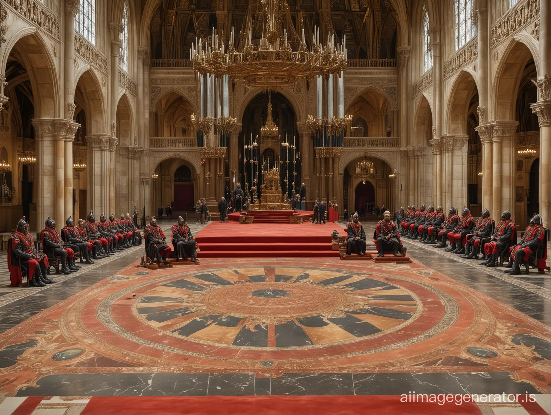 The Ratking sitting on a throne in a Huge Gothic Throne Hall, In the Middle is a red Carpet and six Ratsoldiers standing left and right on a turquise marble floor , Over the Top hanging a big model of a solarsystem with seven planets