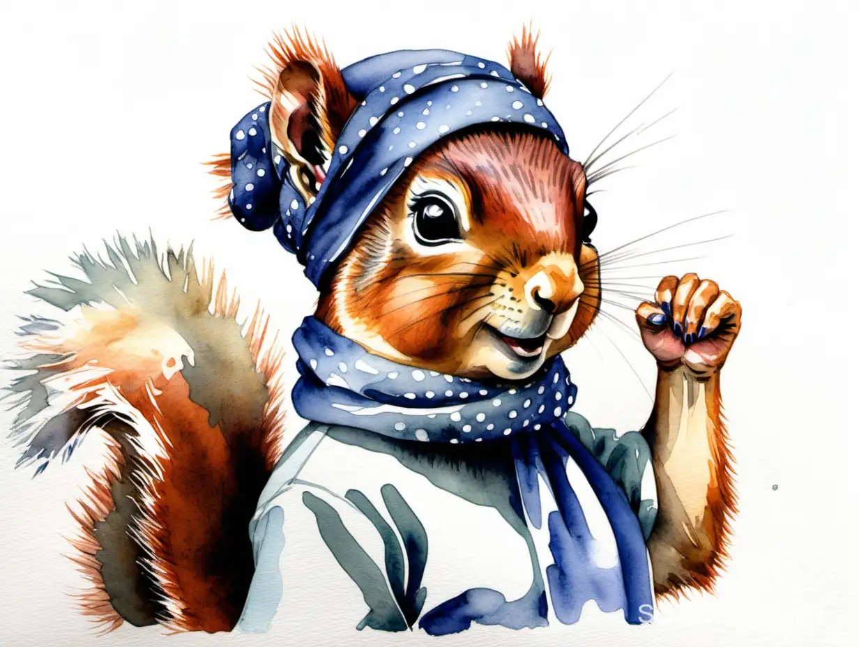 squirrel with headscarf in the pose of 'we can do it', highly detailed watercolor painting