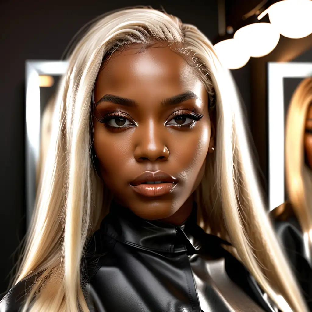  a serious Black woman posing for a photo shoot, with clear skin, realistic eyes, long realistic human blonde hair with dark highlights, a blurred empty hair salon background, glossed closed lips, wearing fashion-forward black clothes