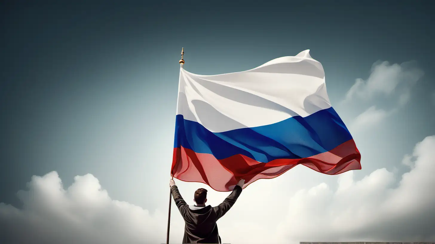 Create a striking visual of someone raising the Russian flag with passion and determination, symbolizing their deep connection to the motherland.