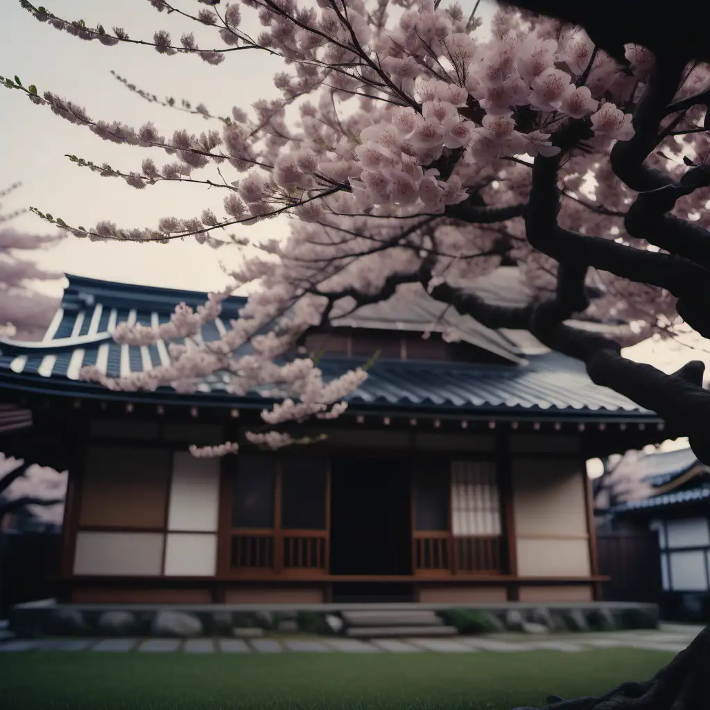 ultra realistic, wind blows, cherry blossom leaves fluttering all around, in front of japanese house, long shot, captured by Canon EOS 5D Mark IV, cinematic color grading, dramatic lighting
