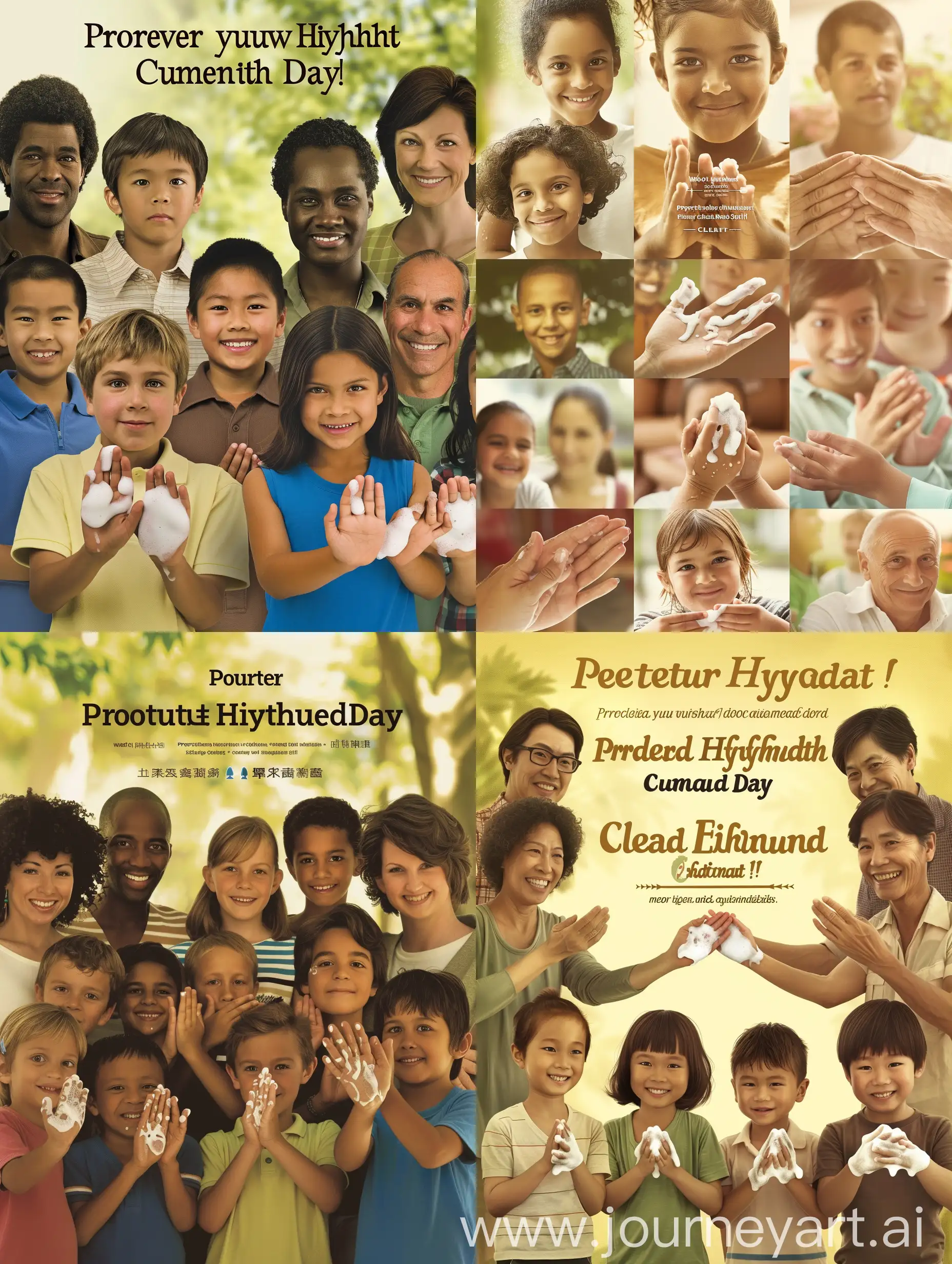 [美丽风格] 一张庆祝世界手卫生日的海报，展示着人们洁净的双手，传递着健康和卫生的重要性。

[主题：多种人群] 一群多样化的人们，包括儿童、成年人和老年人，展示着他们清洁的双手，象征着保持卫生健康的重要性。

[重要特征：清洁双手] 每个人都展示着洁净的双手，强调正确洗手的方式和频率，以预防疾病传播。

[更多细节：宣传口号] 海报上印有醒目的口号：“保护你的健康，从洁净的双手开始！”

[姿势或动作：展示洗手动作] 人们展示着正确的洗手动作，传达正确洗手的重要性和步骤。

[构图：全身特写] 海报采用多个全身特写，突出展示每个人的洁净双手，吸引观众关注。

[环境/背景：清新环境] 背景设定在清新明亮的环境中，与洁净双手相互呼应，营造出健康和清洁的氛围。

[照明：柔和的漫射光] 使用柔和的漫射光线，突出展示每个人的洁净双手，增强海报的温馨感和清洁感。

[摄像机角度：眼睛水平] 采用眼睛水平的摄像机角度，使观众感觉与人物处于同一高度，增强亲近感。

[摄像机属性：Canon EOS 5D] 使用Canon EOS 5D相机属性，捕捉清晰细腻的画面，展现人们洁净双手的细节