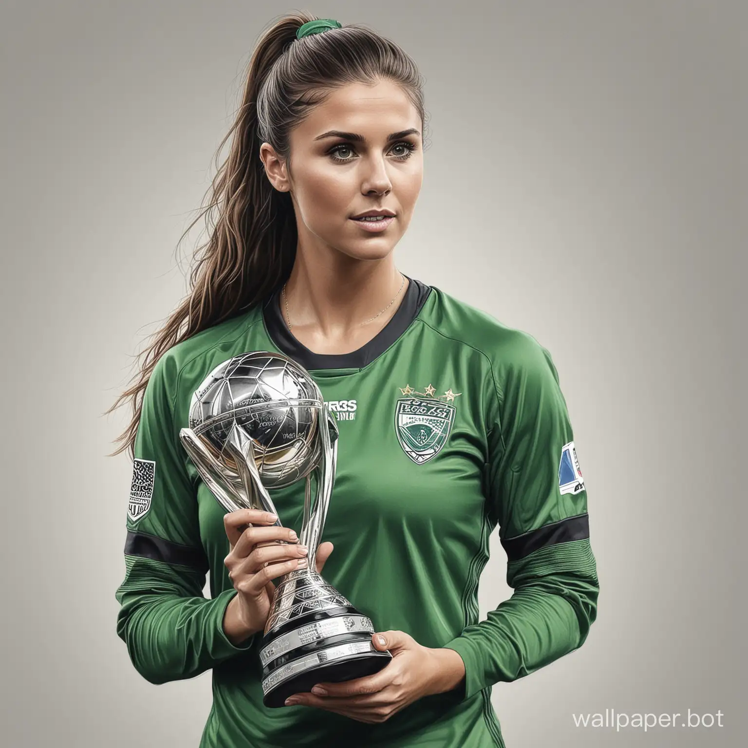 sketch of Alex Morgan 26 years old dark hair 6 breast size narrow waist in green-black football uniform holding a large titanium champions cup white background pencil drawing