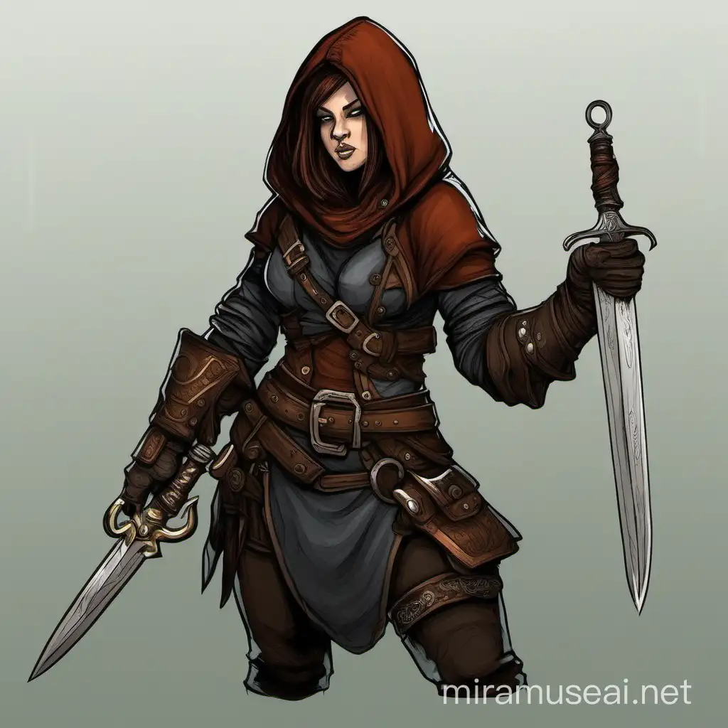 Create me a female Dwarf thief with a hood and a dagger in a fantasy world