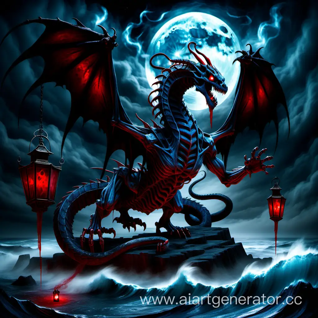 Кровавый огромныйскелет змей-дракон, океан крови, синяя луна, мрак, чёрный туман, свет дальних фонарей, красные глаза
