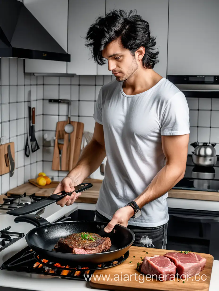 Парень с черными растрепанными волосами и в белой футболке с черными джинсами стоит а кухне и готовит мясо на сковороде