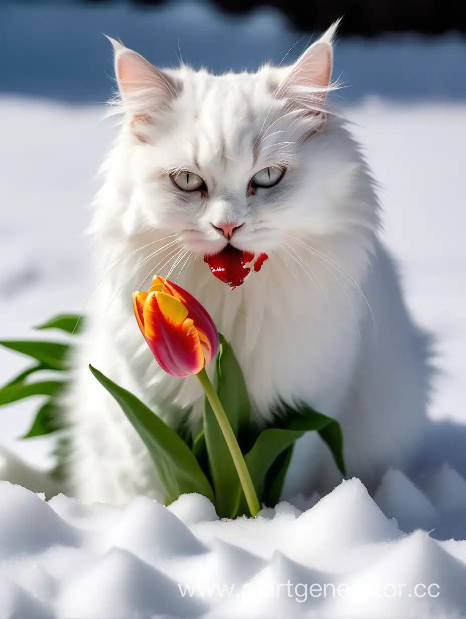 Белый пушистый кот играется с одним из цветков тюльпанов, растущих пачкой среди снега . Во рту у кота лепесток тюльпана, и у кота милая мордочка. 