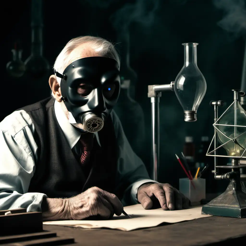 alter man mit Pestmaske
 sitzt an Schreibtisch und and schaut in sein düsteres Labor 
