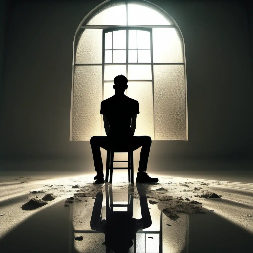 a skinny man is sitting on the floor, seeing from behind, he is  hallucinating, he is having hallucinations, contemplation, silhouette of the person from behind, the floor is melting, highly detailed, stunning visuals, beautiful visuals, ultra-realistic, surreal, hallucinations, super realistic, photo realistic