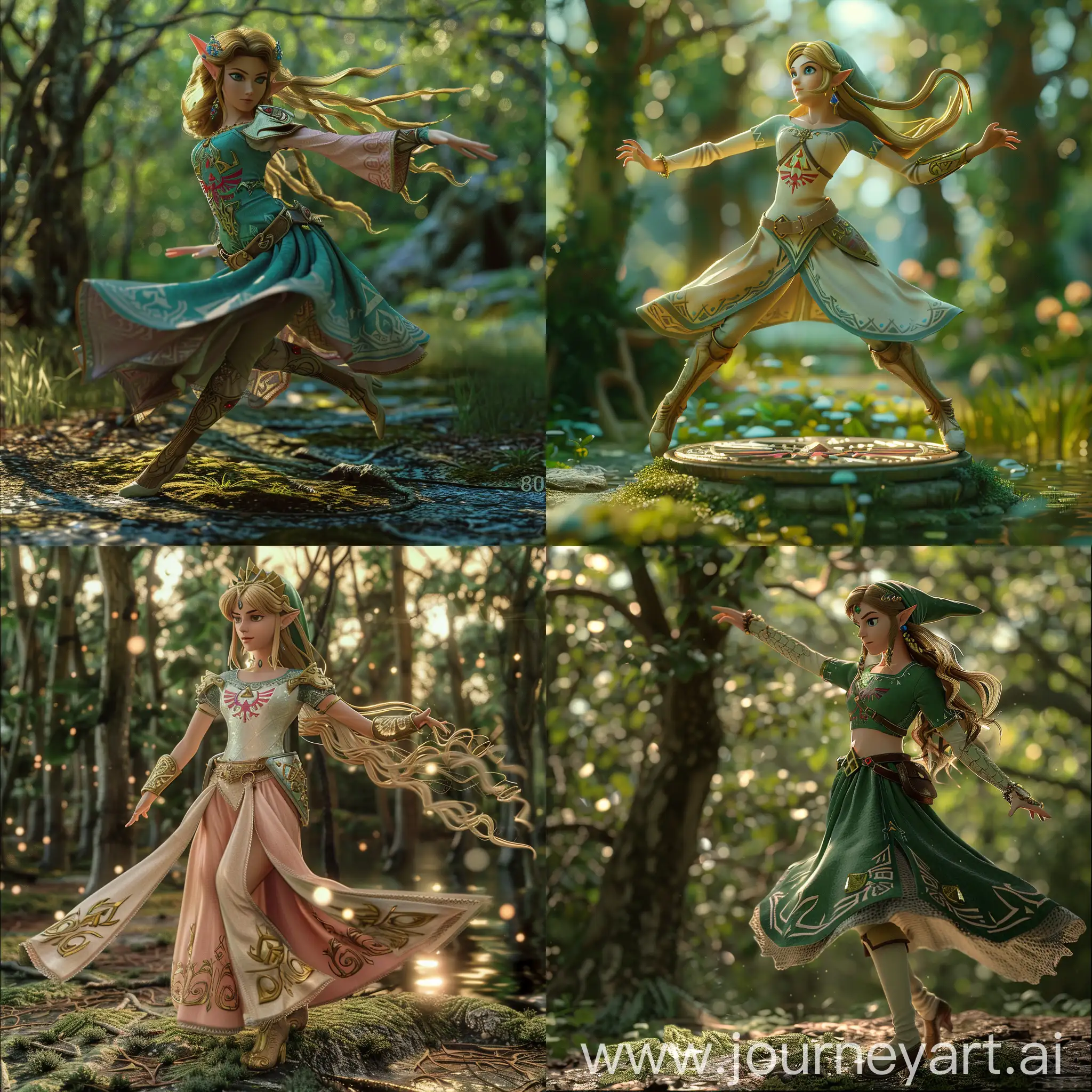 Princess Zelda, dancing on a forest, sfm, Unreal Engine, source filmaker, detailed,8k, twilight Princess, cinematic, game still, portrait