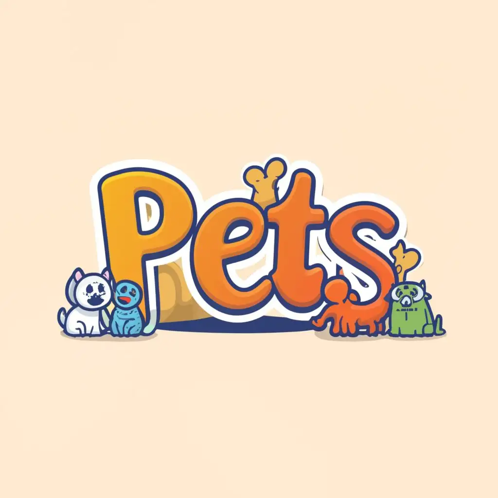 logo, cartoony, with the text "PETS", typography