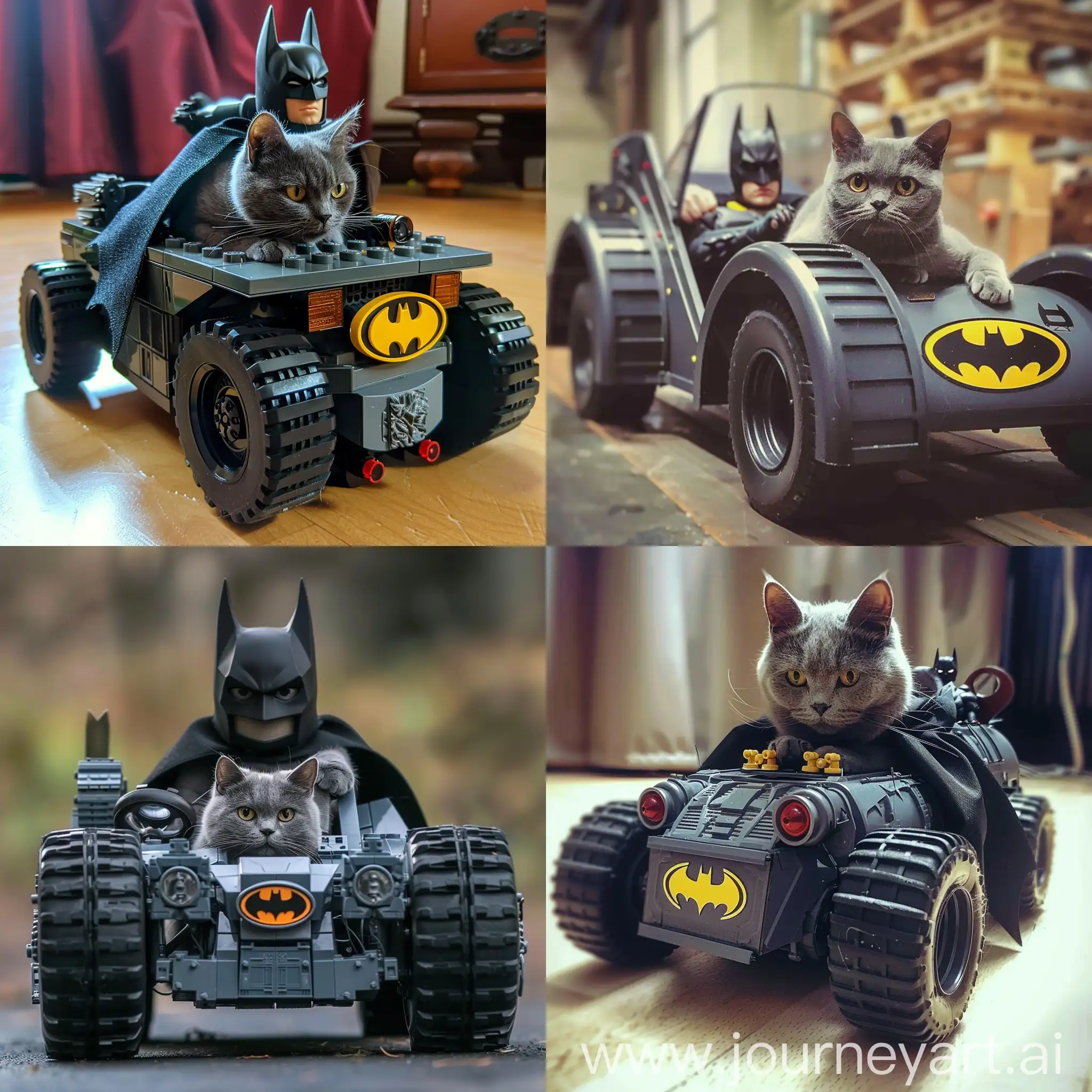 grey cat driving the batman mobile
