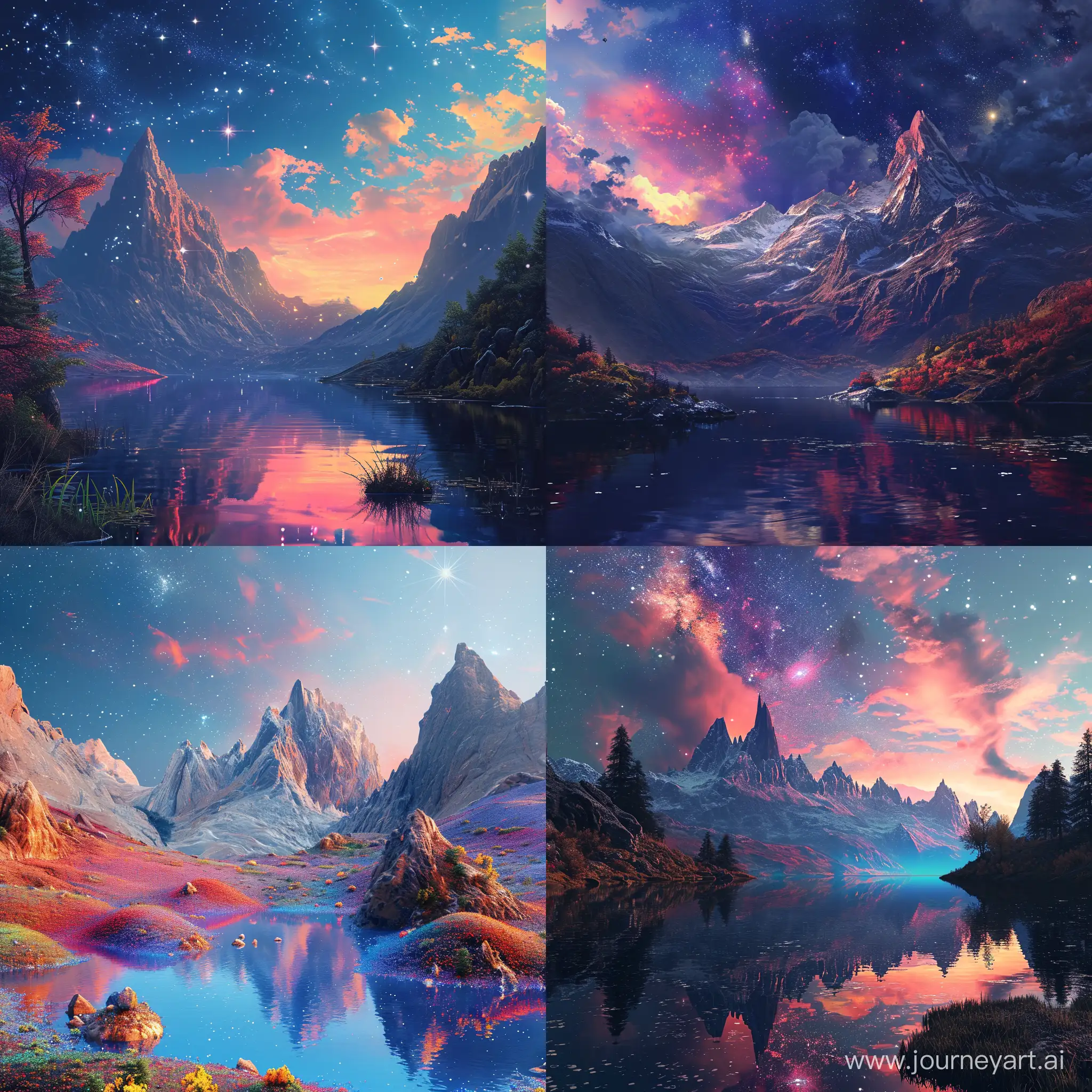 A colorful, fantastical landscape with mountains, a lake, and stars in the sky, realism::1.2, 8K, photorealistic::1.2
