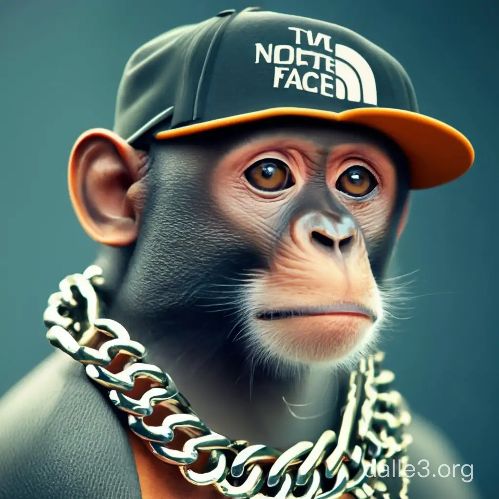 NFT monkey wearing The North Face cap and chains around his neck, 4k, photorealistic