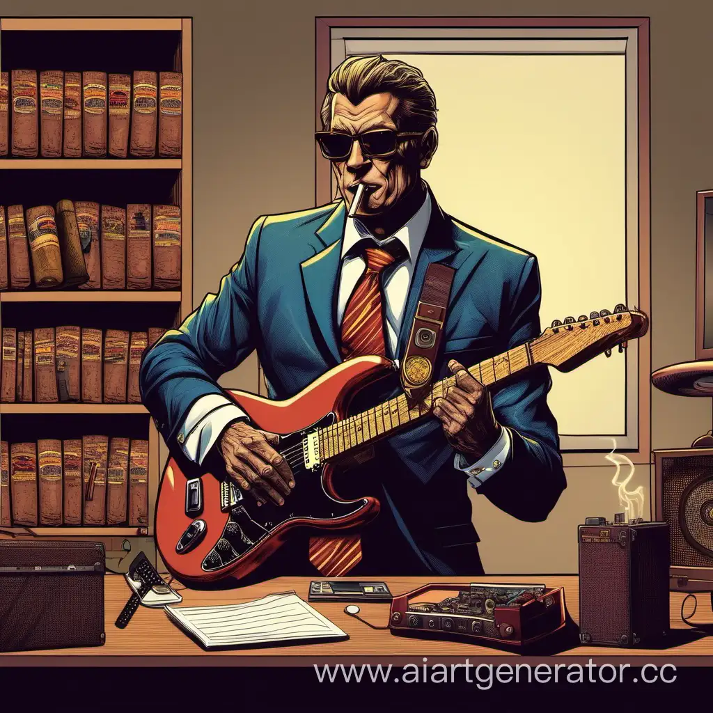 Corporate-Creativity-Businessman-Jamming-with-Cigar-and-Guitar