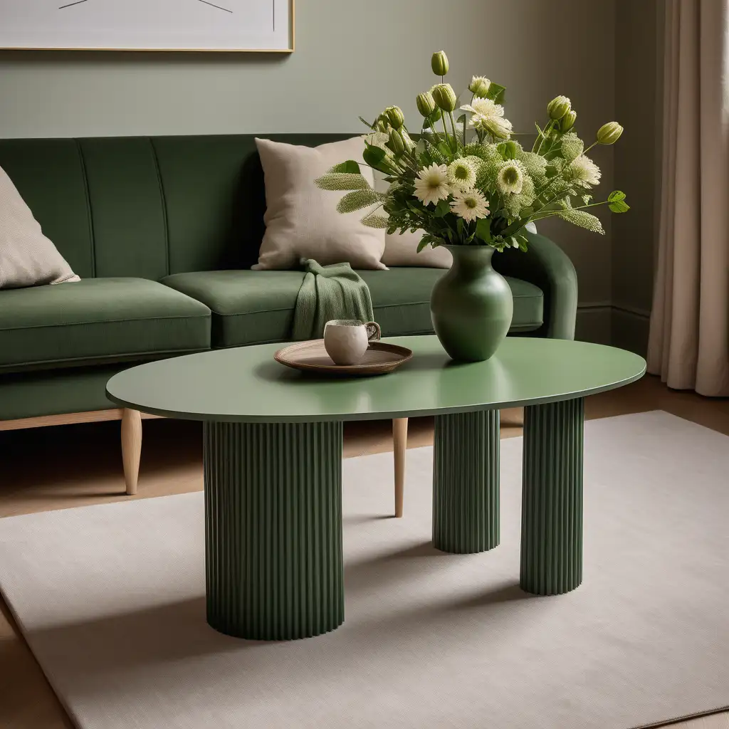 A product photography picture of an oval green coffee table with rounded dowels fluted base with a solid table top in the centre of a contemporary living room with a vase of flowers on top of it.