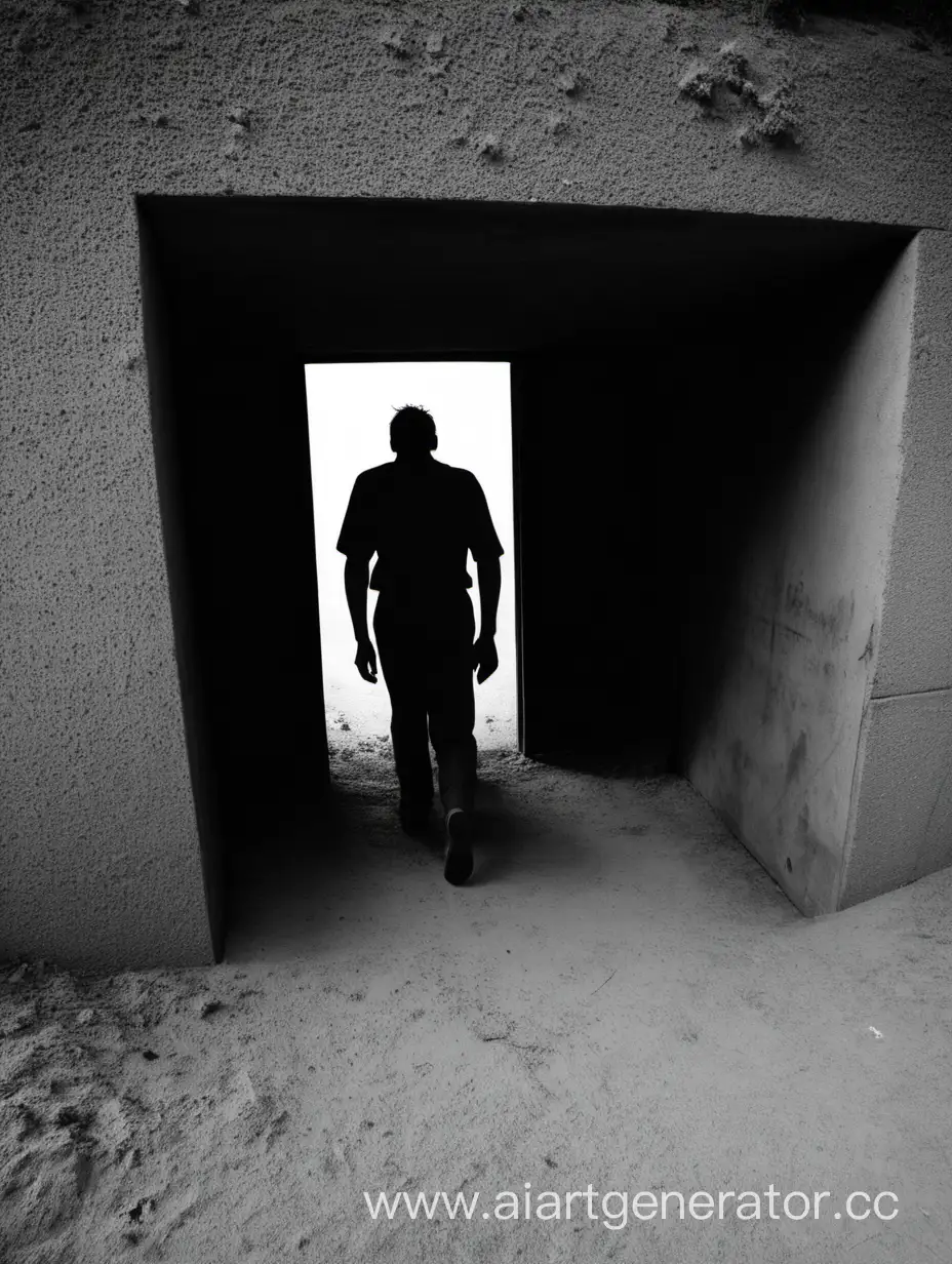 Exhausted man emerges from the bunker, silhouettes of people moving towards the bunker exit around him.