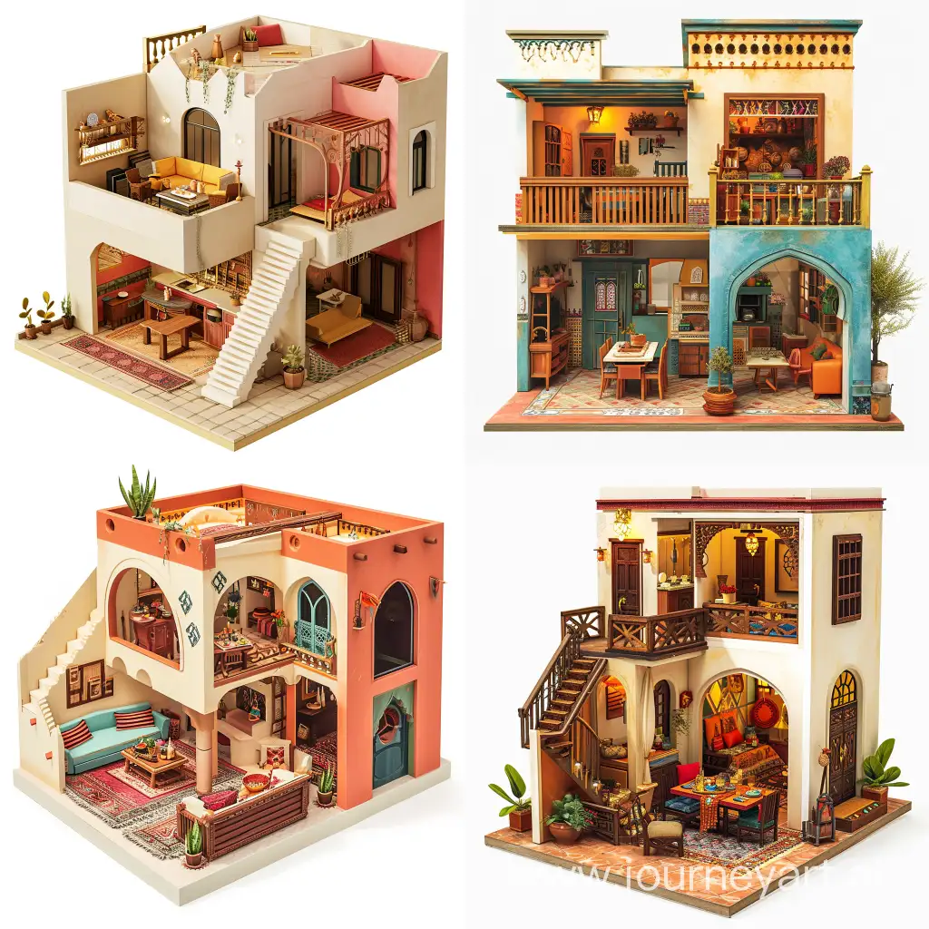 
I Front view miniature house interior 3d illustration, flat, in the style of [MOROCCAN STYLE ], packed with hidden details, contemporary, highly detailed illustrations, meticulously detailed, isolate on white --v 6