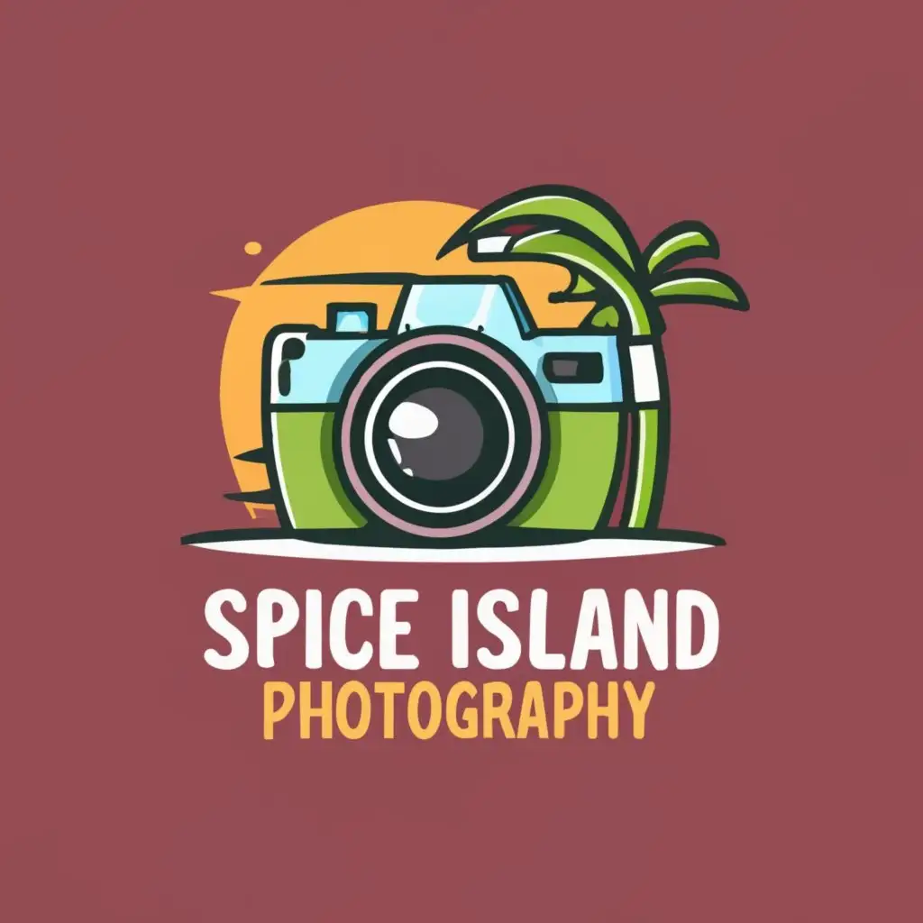 logo, Realistic camera and lens, Grenada flag colours, Palm tree, with the text "Spice Island Photography", typography, be used in Home Family industry