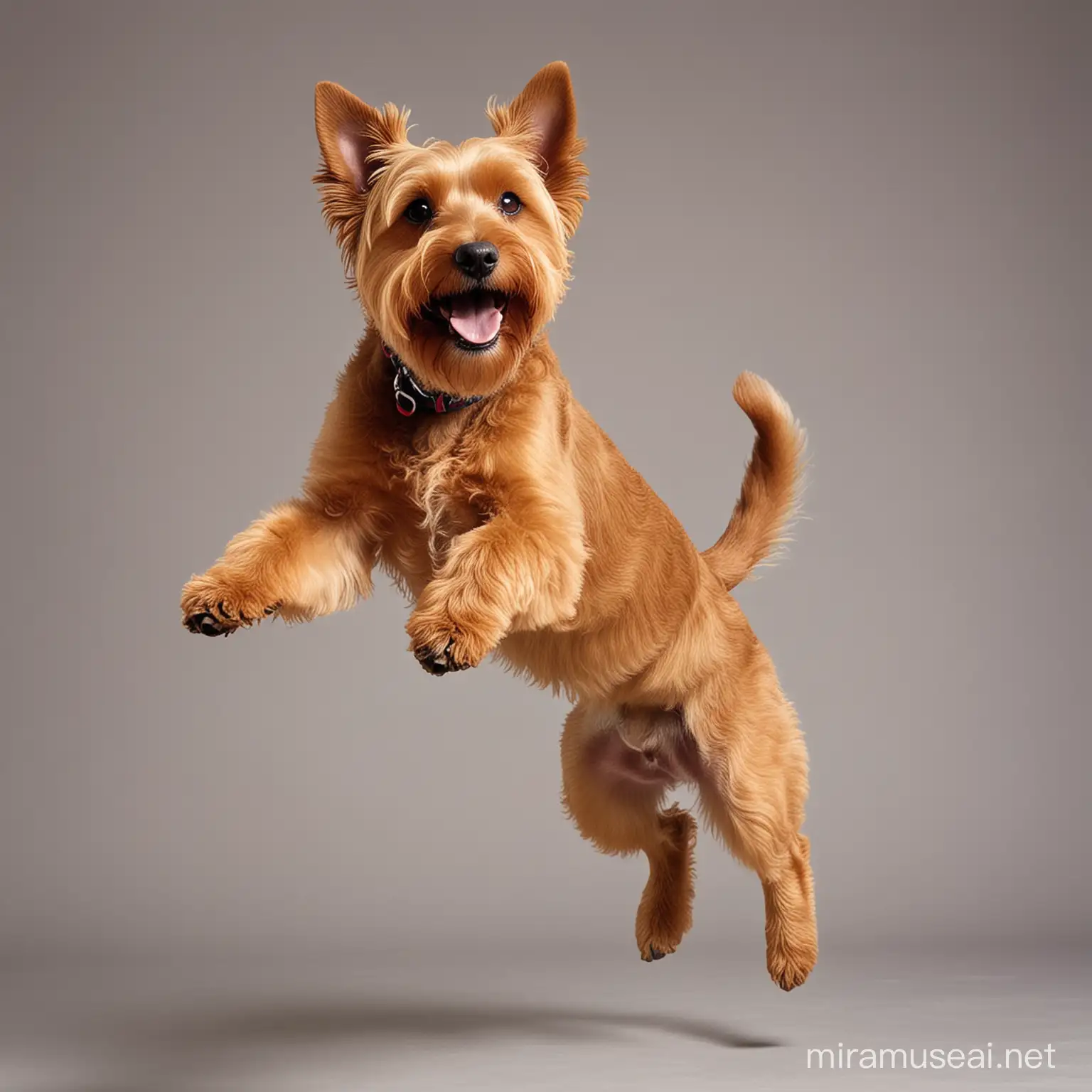 Shaggy light brown terrier dog jumping in air